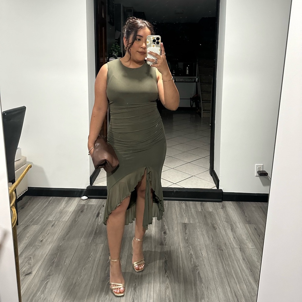 Olive green bodycon dress with slit and ruffles